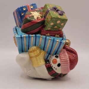 Fitz & Floyd Snowman with Gifts Ceramic Candy Dish Frosty Folk Trinket Box 5.5"